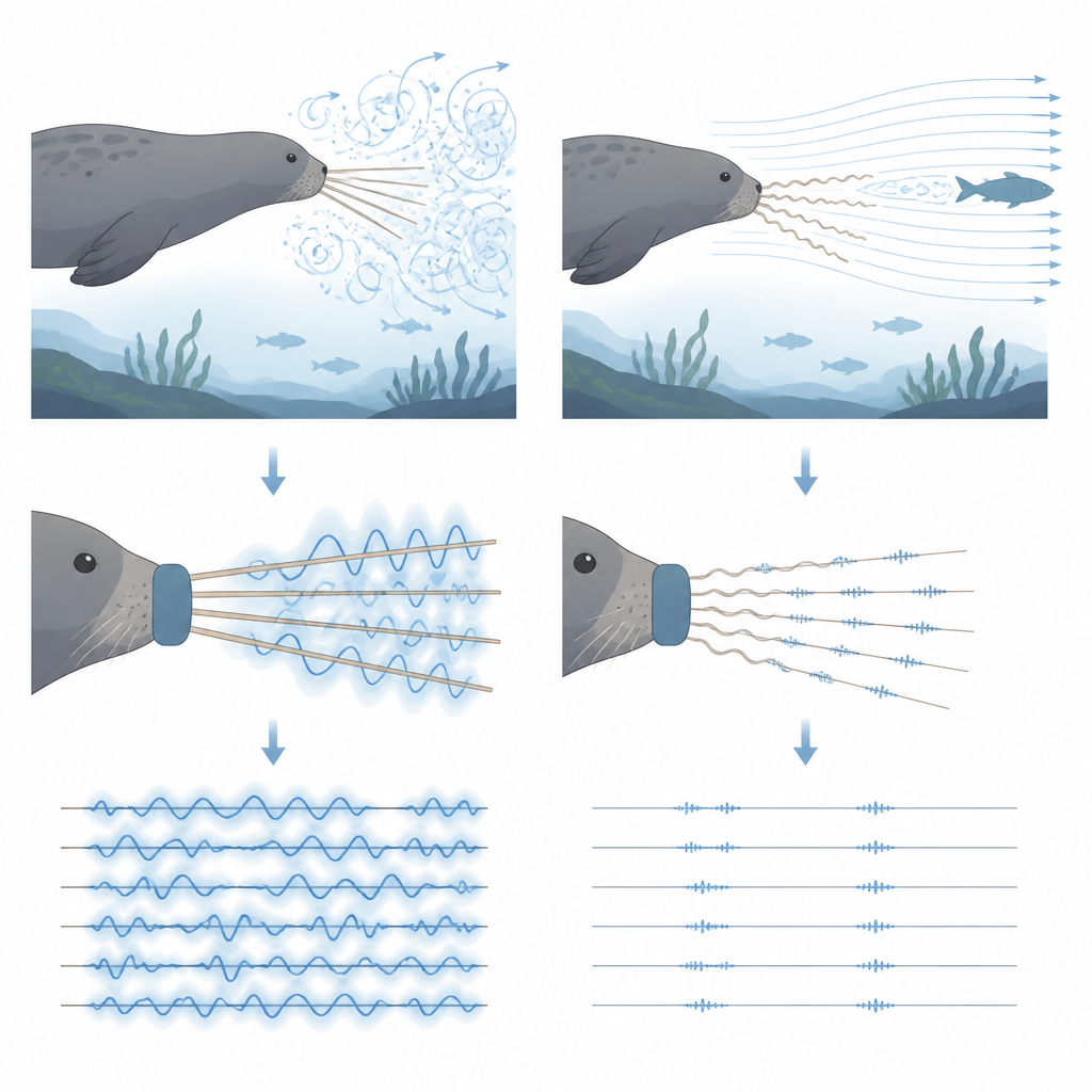 Figure 1. Come i baffi ondulati e mobili delle foche trasformano deboli scie di pesce in segnali chiari sott’acqua