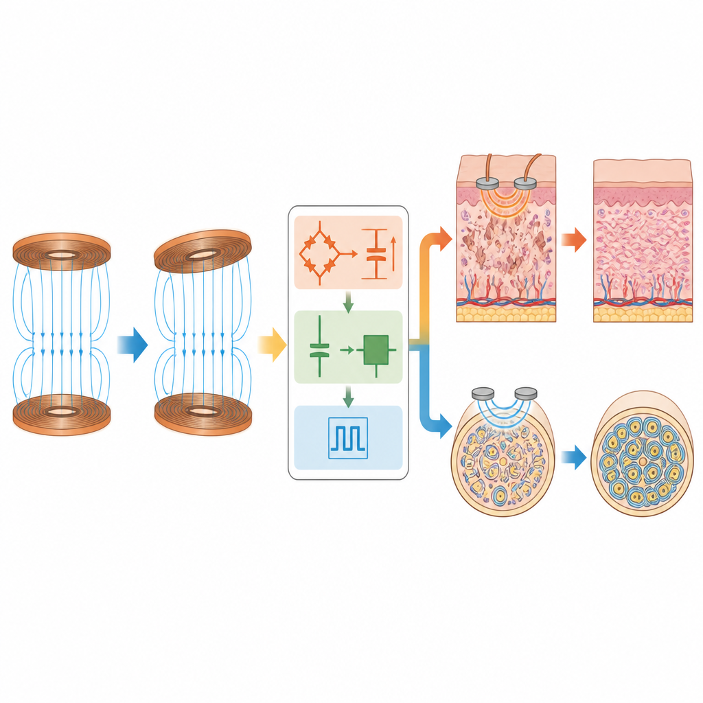Figure 2. Kabellose Spulen speisen einen kleinen Schaltkreis, der die Pulse auch bei Fehlausrichtung stabil hält und beschädigte Haut und Nerven in Richtung Regeneration lenkt.