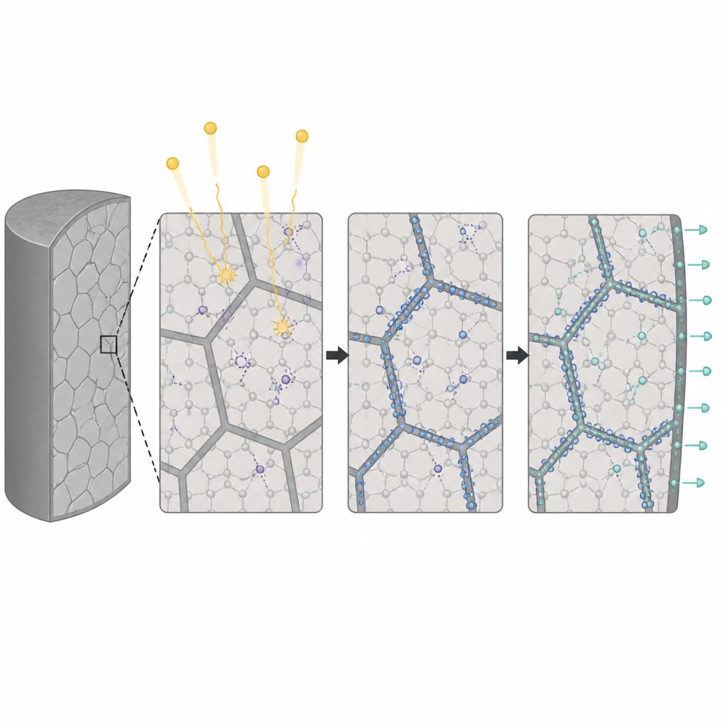 Figure 1. I bordi di grano nelle ceramiche al litio sia riparano il danno da radiazioni sia creano vie veloci per la fuga del trizio.