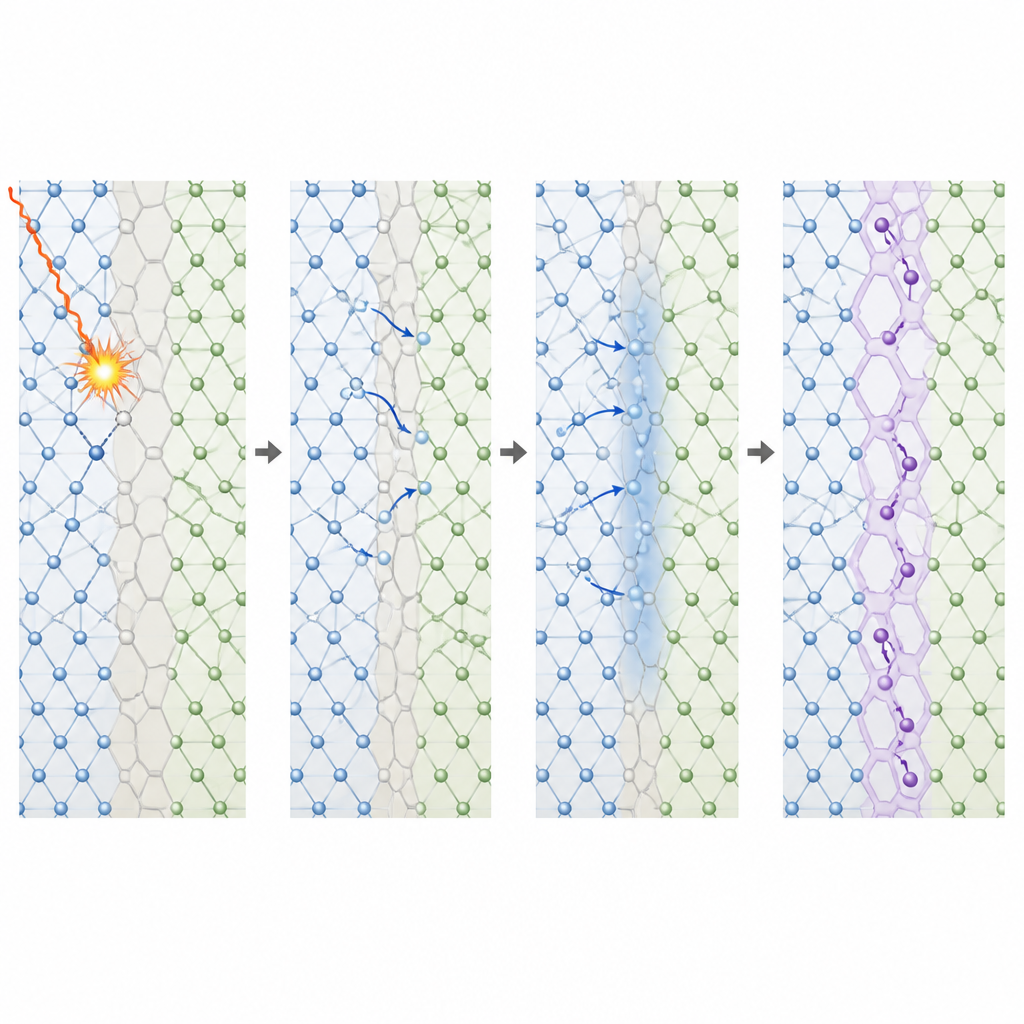 Figure 2. Le radiazioni scardinano atomi e i bordi di grano li assorbono mentre guidano il trizio rapidamente attraverso canali nascosti.