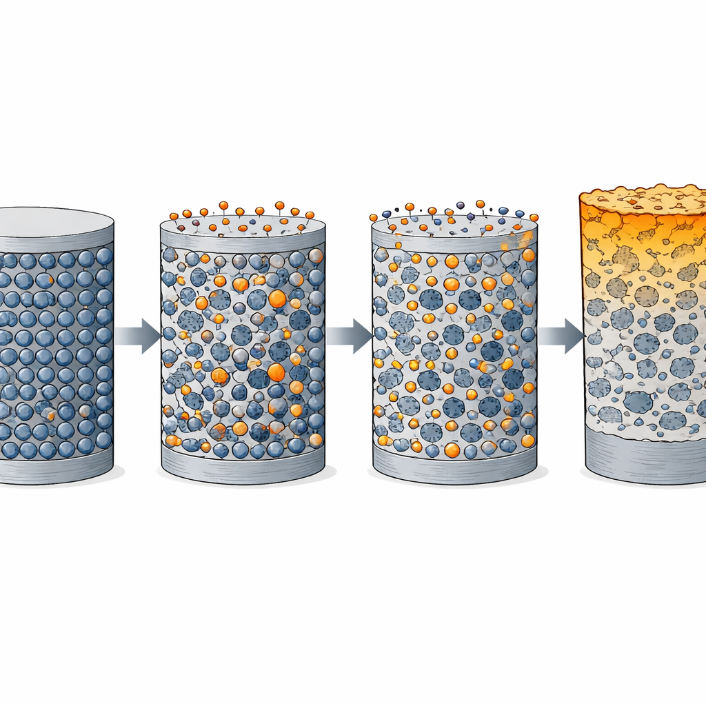 Figure 2. Come gli atomi di metallo che si spostano verso l'esterno nell'acciaio caldo aprono percorsi per la fuga del carbonio, formando strati superficiali profondi e teneri sotto l'ossido.