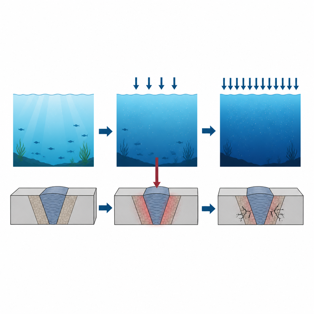 Figure 1. كيف يجعل ضغط أعماق البحر ومياه البحر أجزاءً معينة من لحام التيتانيوم أكثر عرضة للتشقق مقارنة بأجزاء أخرى.