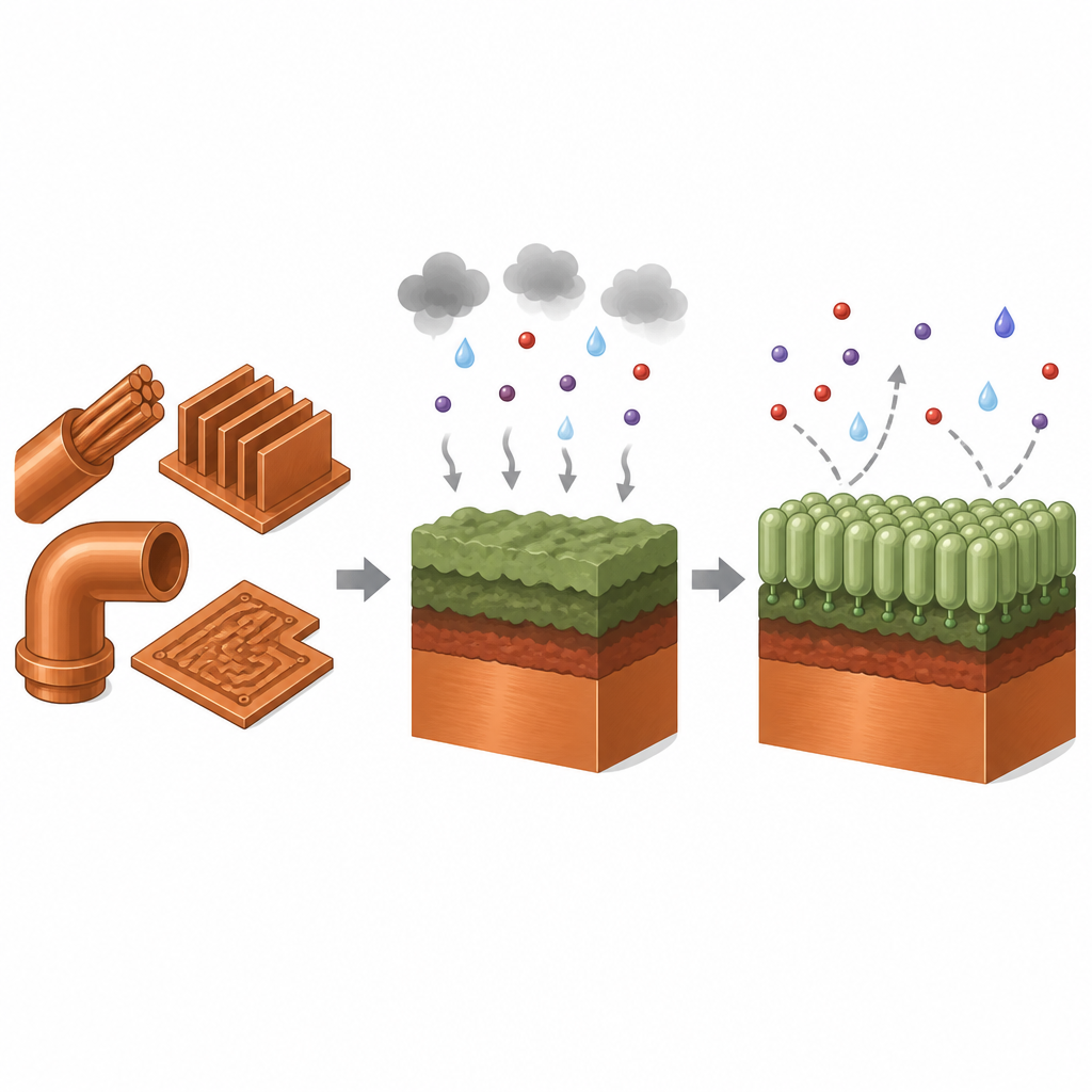 Figure 1. Wie dünne molekulare Filme Kupferoberflächen vor Luft, Feuchtigkeit und Schadstoffen schützen, um verdeckte Korrosion zu verlangsamen.
