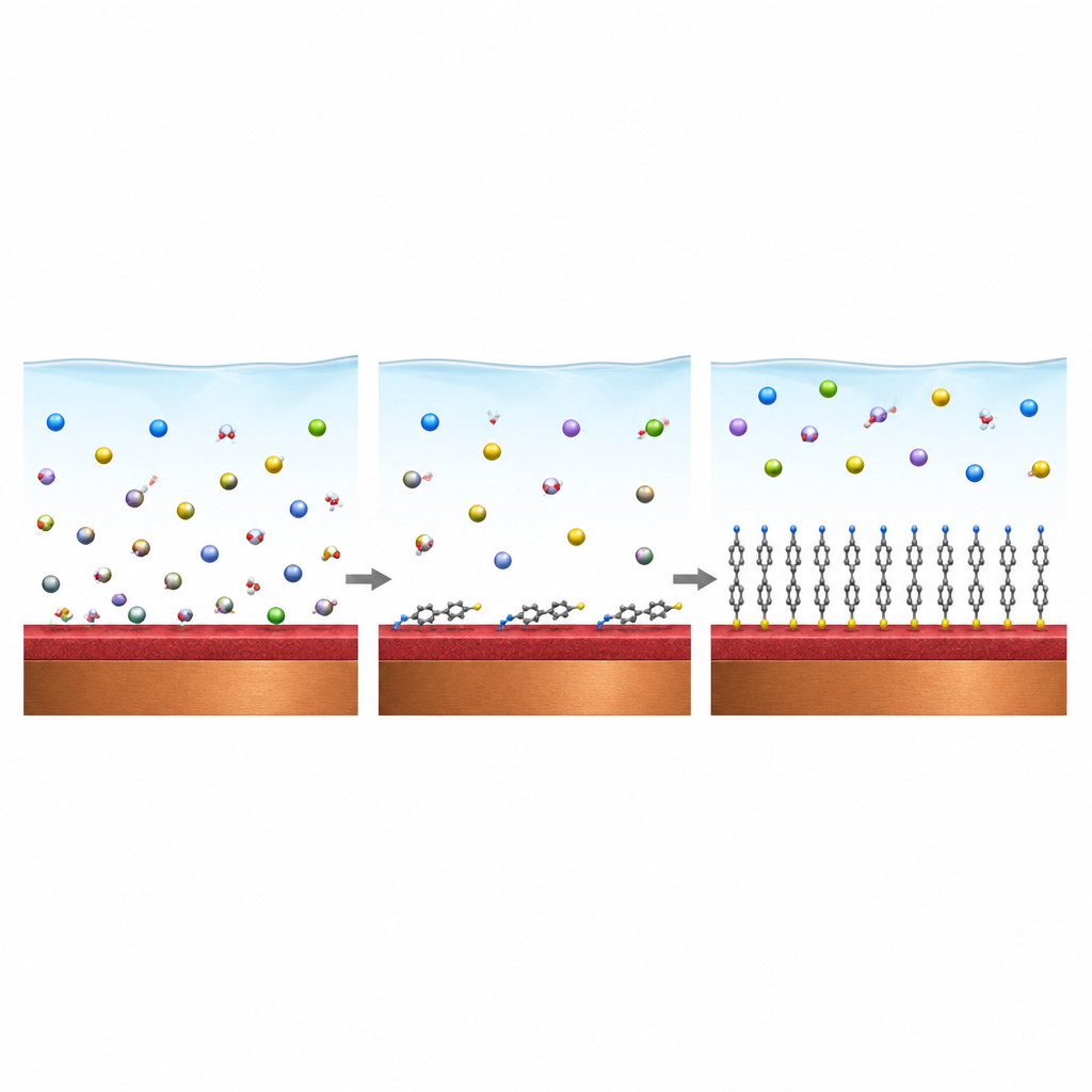 Figure 2. Wie Inhibitormoleküle Wasser und Salz von Kupferoxid verdrängen und eine dichte Barriere bilden, die Korrosionsreaktionen verlangsamt.