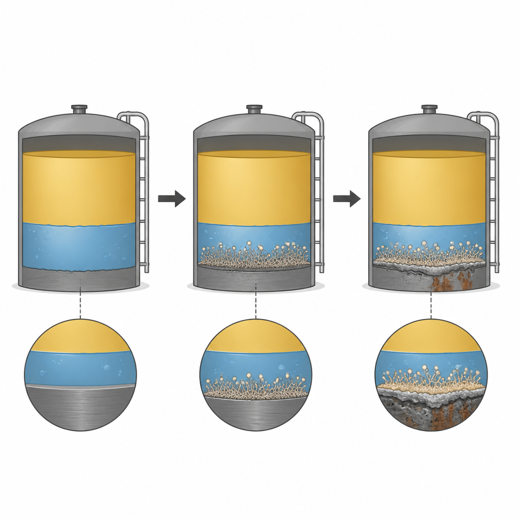 Figure 1. Come un fungo amante del diesel nei serbatoi può nel tempo danneggiare ma anche proteggere le superfici metalliche
