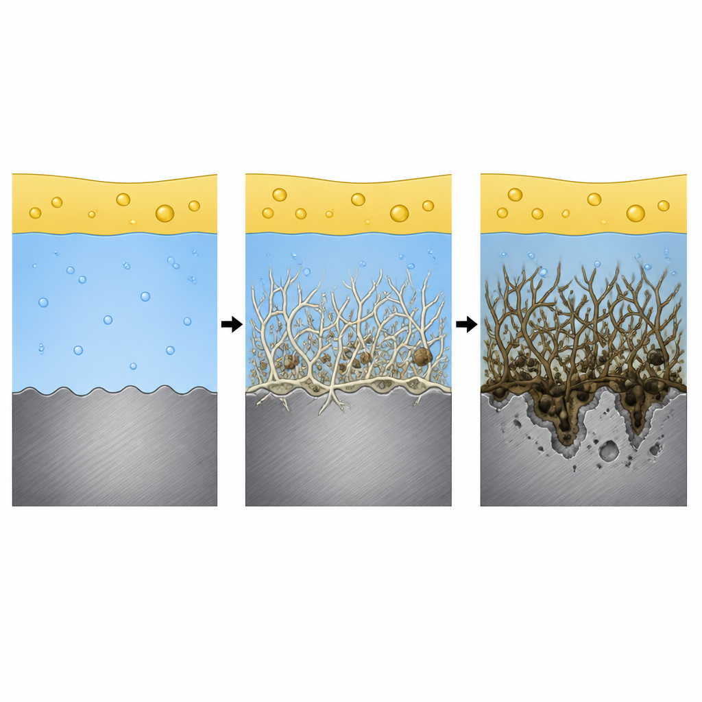 Figure 2. Come i filamenti fungini e il loro pigmento scuro modificano la corrosione dell’acciaio al confine carburante-acqua passo dopo passo