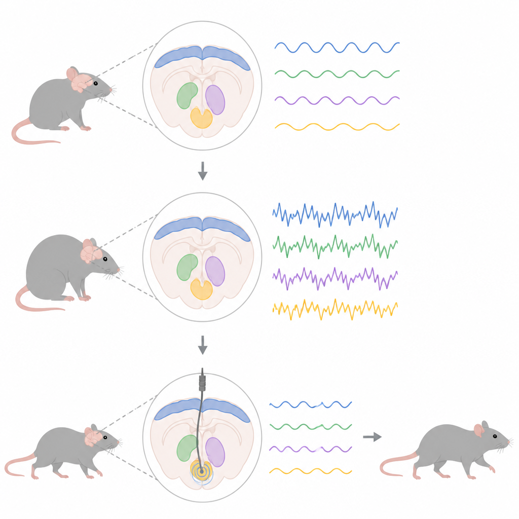 Figure 1. Hoe Parkinson-achtige hersenritmes zich door bewegingscircuits verspreiden en door diepe hersenstimulatie bij ratten worden gevormd.