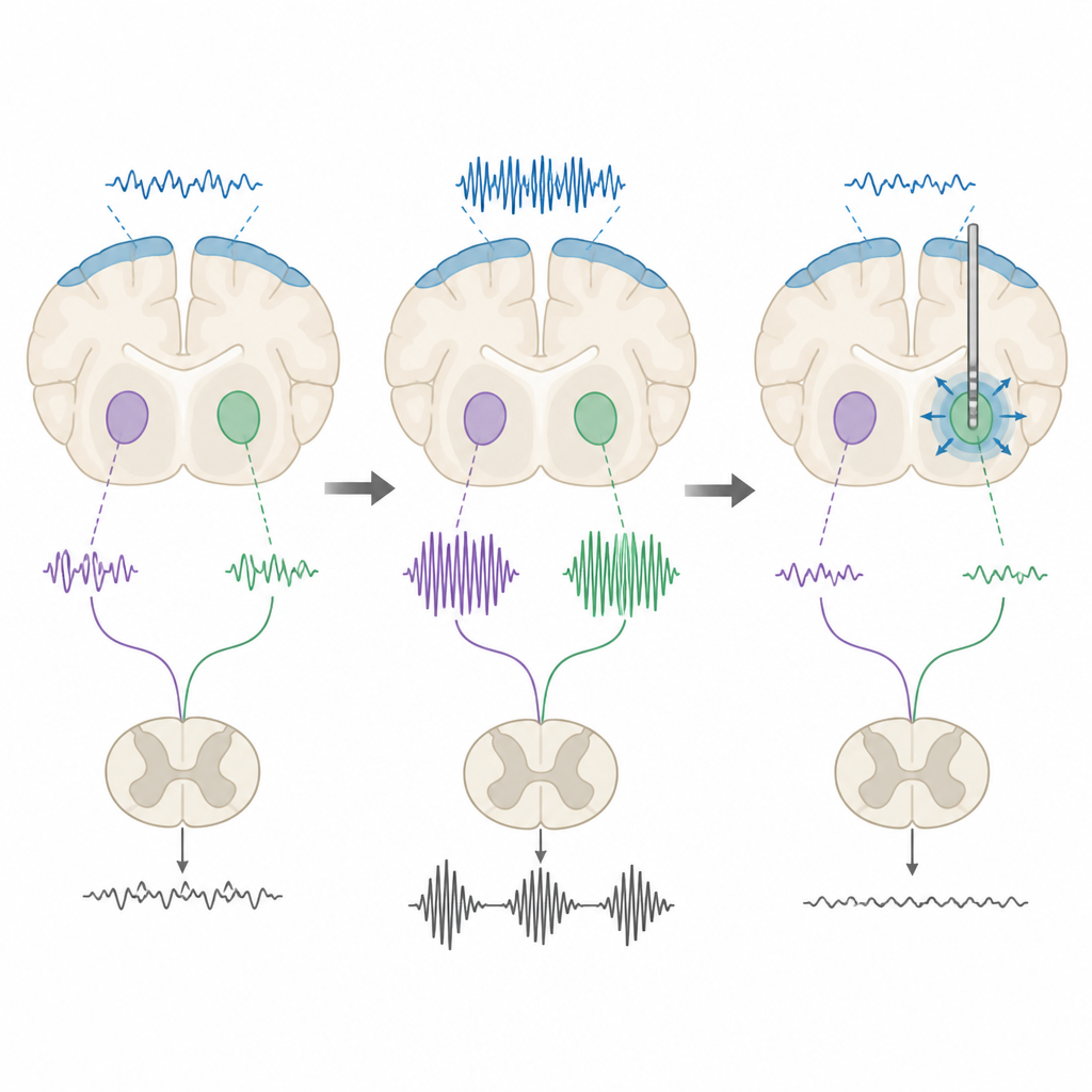 Figure 2. Hoe abnormale beta-bursts in diepe hersengebieden veranderen gedurende ziektefasen en worden beïnvloed door verschillende stimulatiepatronen.