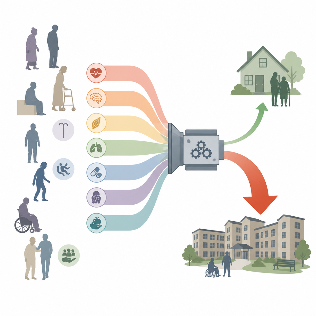 Figure 2. Risk factors like falls, dementia, and fractures flow into a model that shifts patients toward home or facility discharge.