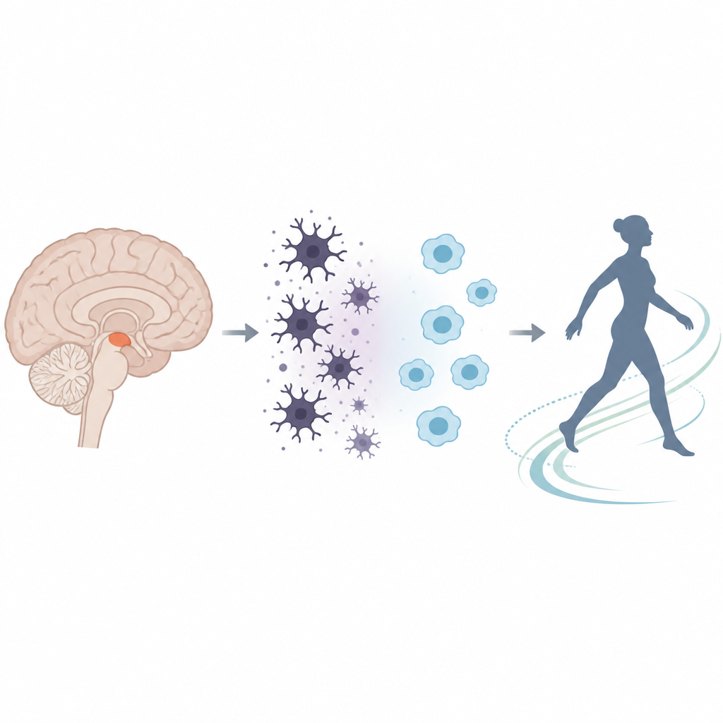 Figure 1. Come variare un piccolo tag zuccherino nelle cellule immunitarie cerebrali può spostare la malattia di Parkinson verso o lontano dal danno neuronale.