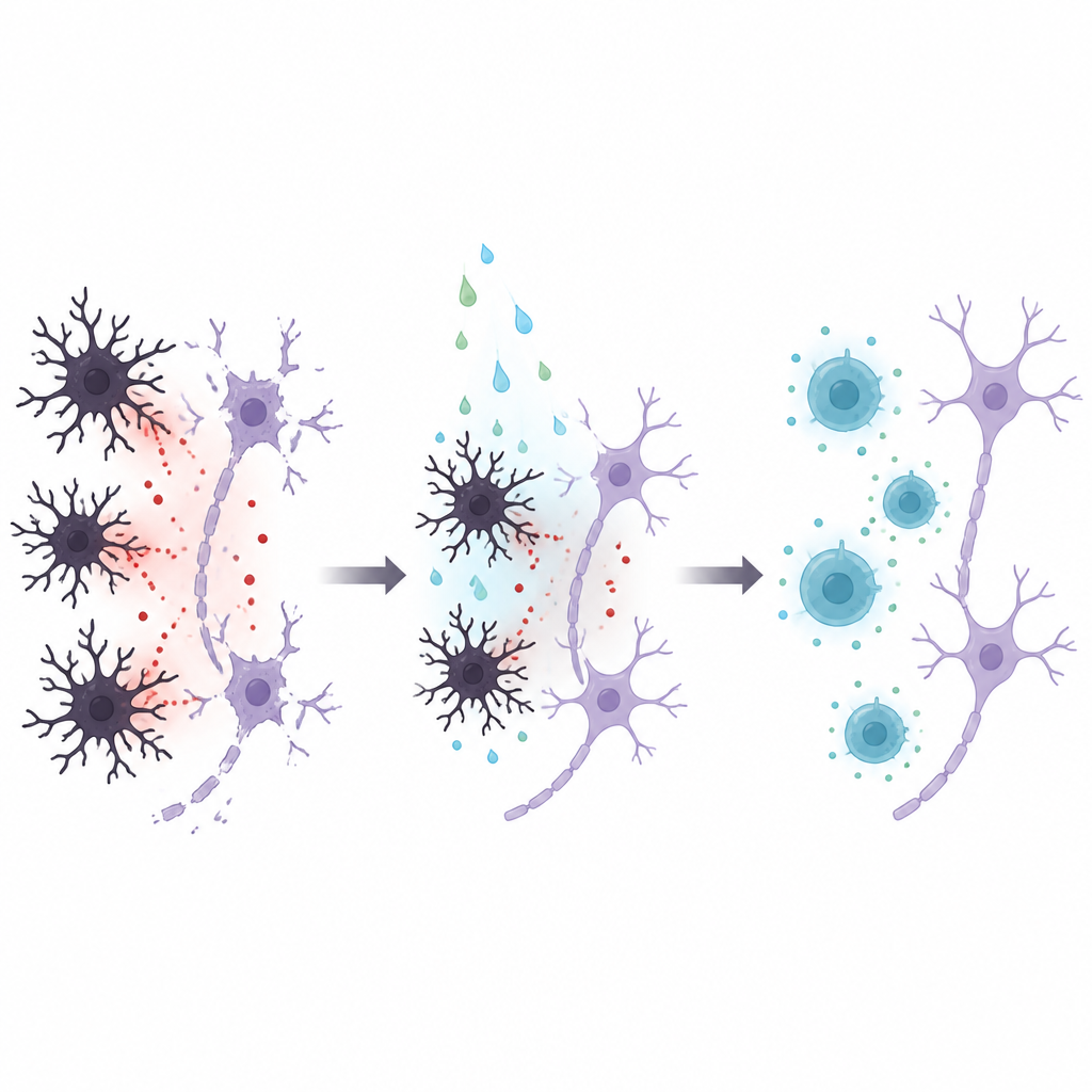 Figure 2. Aumentare un piccolo marcatore zuccherino nelle cellule immunitarie cerebrali calma l’infiammazione e aiuta i neuroni vicini a sopravvivere.