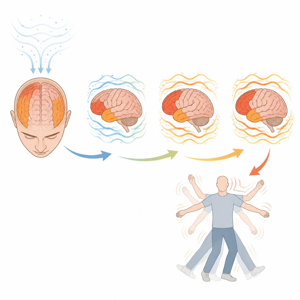 Figure 2. Stap-voor-stap beeld van hoe hersenritmes opbouwen, verzadigen en leiden tot onvrijwillige bewegingen bij Parkinson.