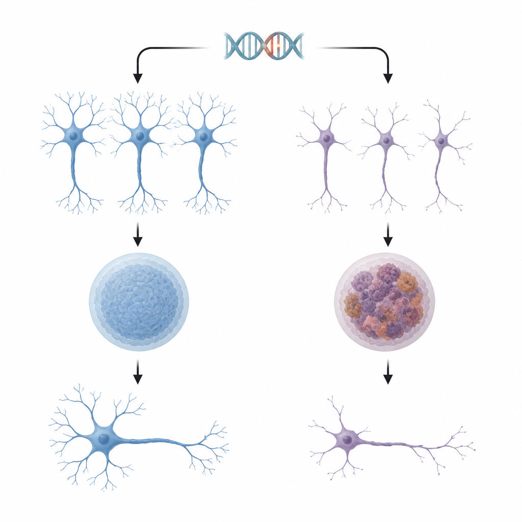 Figure 1. Come l’eccesso di alfa‑sinucleina interrompe la pulizia cellulare nei neuroni umani coltivati in vitro e nei mini‑mesencefali