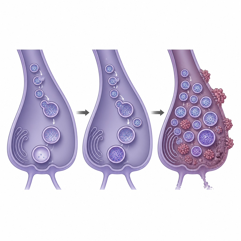 Figure 2. Visione passo dopo passo di vescicole di smaltimento che non riescono a eliminare ammassi proteici all’interno di un modello neuronale del Parkinson
