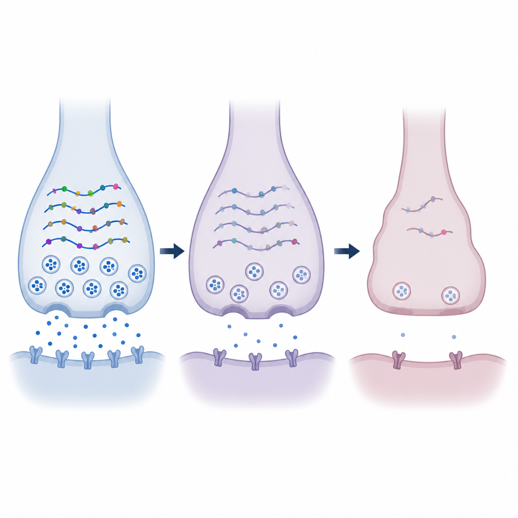Figure 2. Visione graduale dei segnalini sull’RNA che svaniscono a una sinapsi mentre si indebolisce in un contesto cerebrale simile al Parkinson