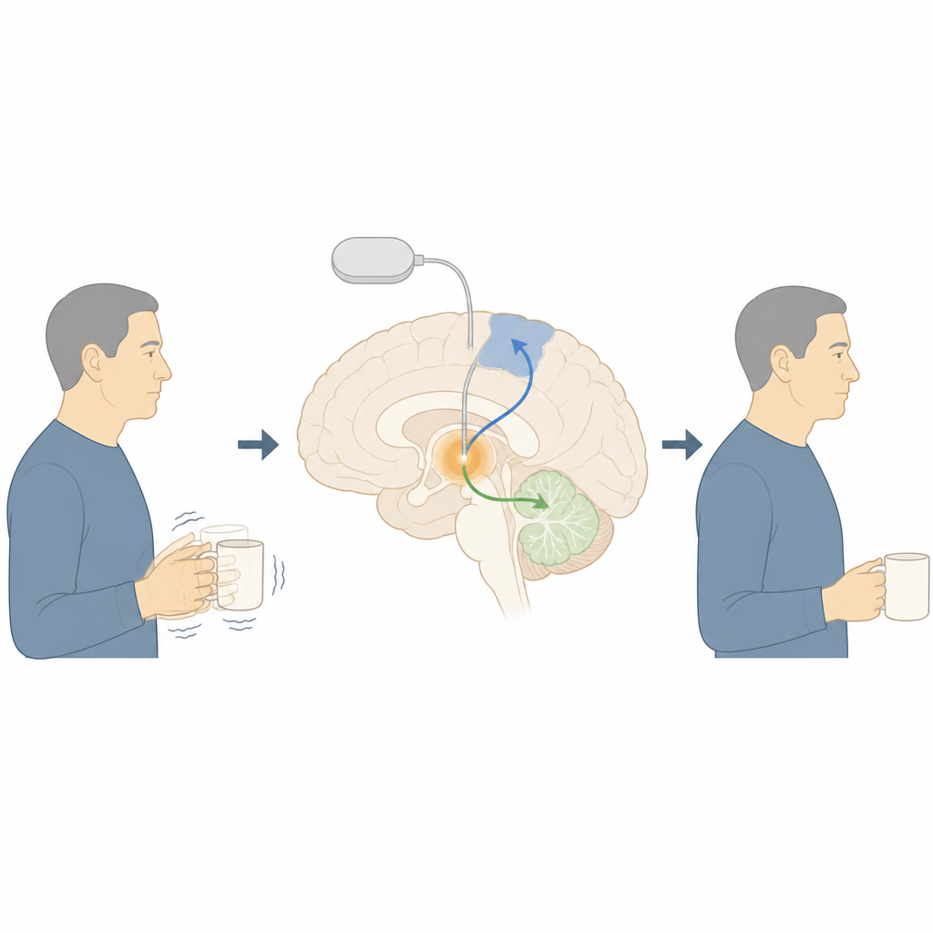 Figure 1. Deep brain stimulation calms essential tremor by tuning a connected movement circuit rather than just one tiny brain spot.