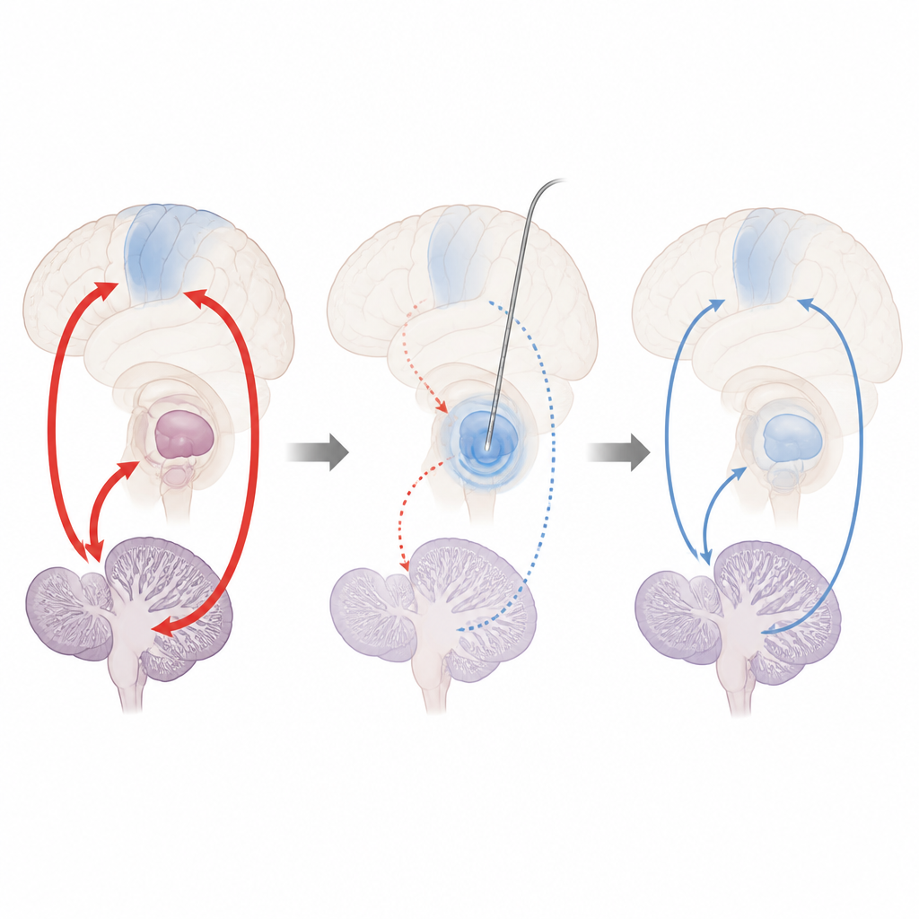 Figure 2. Stimulation at a deep brain site alters activity across motor and cerebellar regions in a network that tracks tremor improvement.