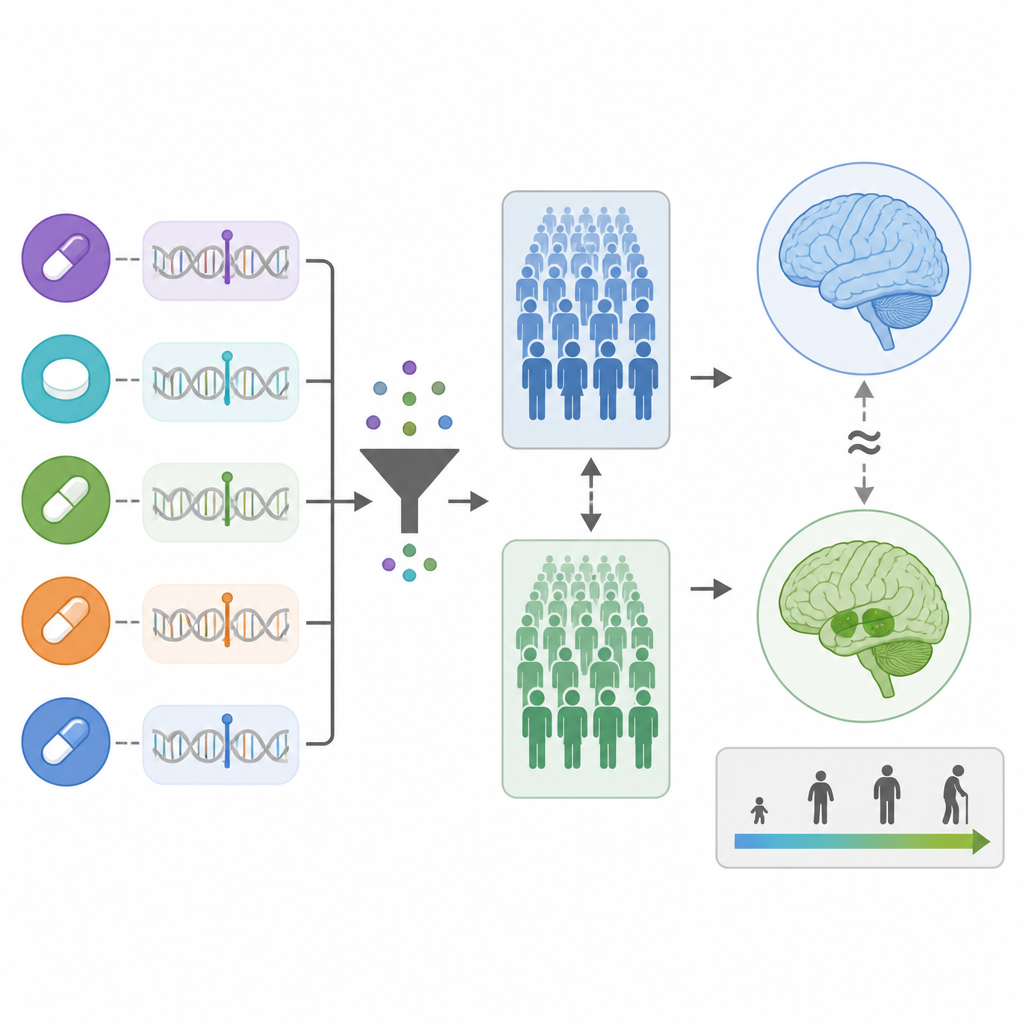 Figure 2. Schrittweise genetische Untersuchung von Wirkzielen von Diabetesmedikamenten, die nur geringe Unterschiede beim Parkinson-Risiko oder -Beginn zeigt.