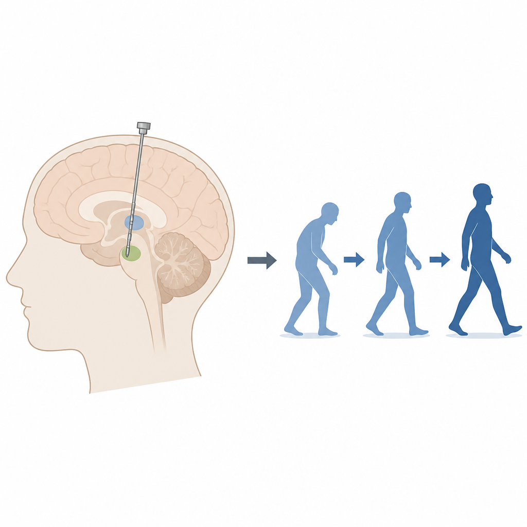 Figure 1. Eine einzelne Hirnelektrode erreicht zwei Bewegungsareale, um das Gehen bei Parkinson zu verbessern