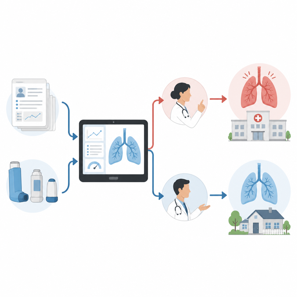 Figure 2. Astım karar araçlarının inhaler ve ziyaret geçmişini, ciddi ataklardan uzaklaştırabilecek bakım yönlendirmelerine nasıl dönüştürdüğü.