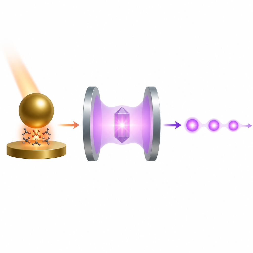 Figure 1. Gelen ışığı oda sıcaklığında tek fotonlara dönüştüren hibrit nanoskal boşluk ve yükseltici.