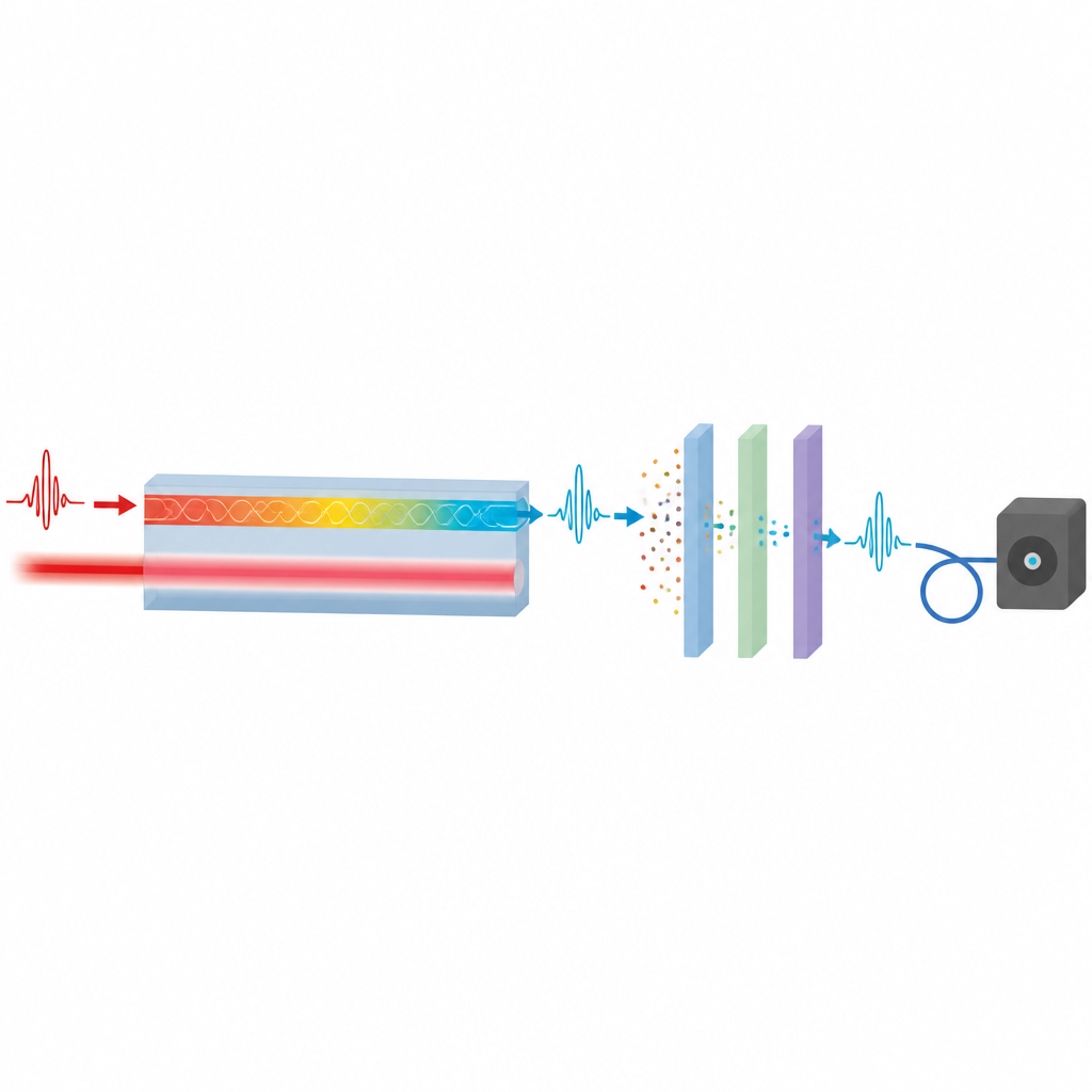 Figure 2. Wie ein winziger Chip und gestaffelte Filter verrauschtes Mischlicht in saubere Telecom-Photonen für Quantenverbindungen verwandeln