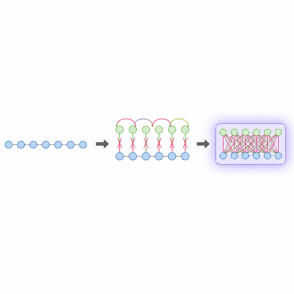 Figure 1. Interazioni quantistiche locali a coppie imitano operazioni complesse su molti qubit in tempo costante.