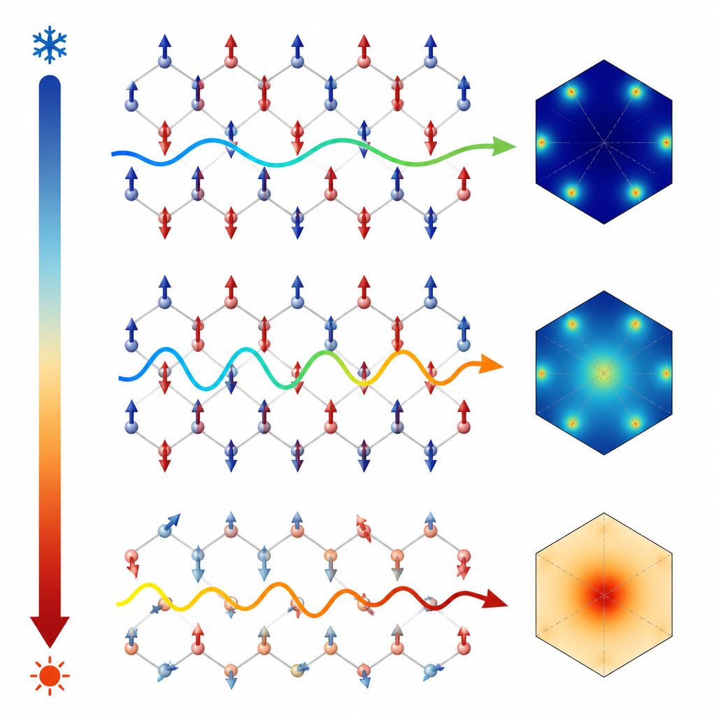 Figure 2. גלי ספין במגנט דבשתי מסודר חושפים כיצד אינטראקציות נוספות גוברות על ההתנהגות הצפויה של נוזל ספין.