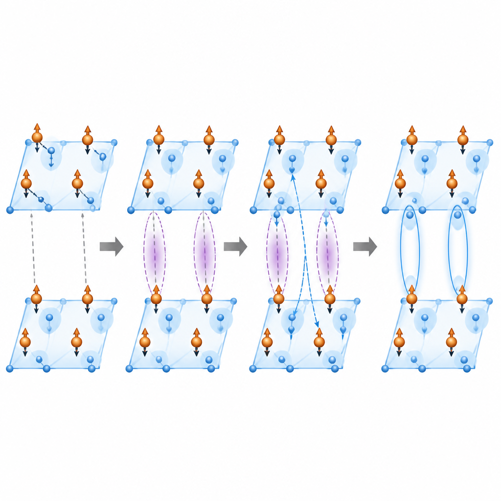 Figure 2. Come coppie di spin locali in un orbitale trasferiscono l’accoppiamento superconductivo agli elettroni mobili attraverso due strati.