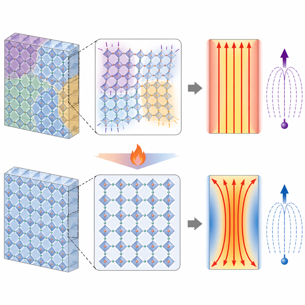 Figure 2. Come la ricottura e la deformazione modificano un cristallo in modo che il flusso di calore dei fononi si curvi lateralmente mentre il tipo di contatto lo lascia invariato