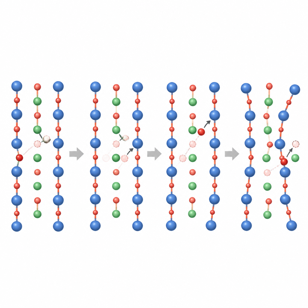 Figure 2. Ruch krok po kroku atomów tlenu skaczących między miejscami i rozrywających uporządkowane łańcuchy
