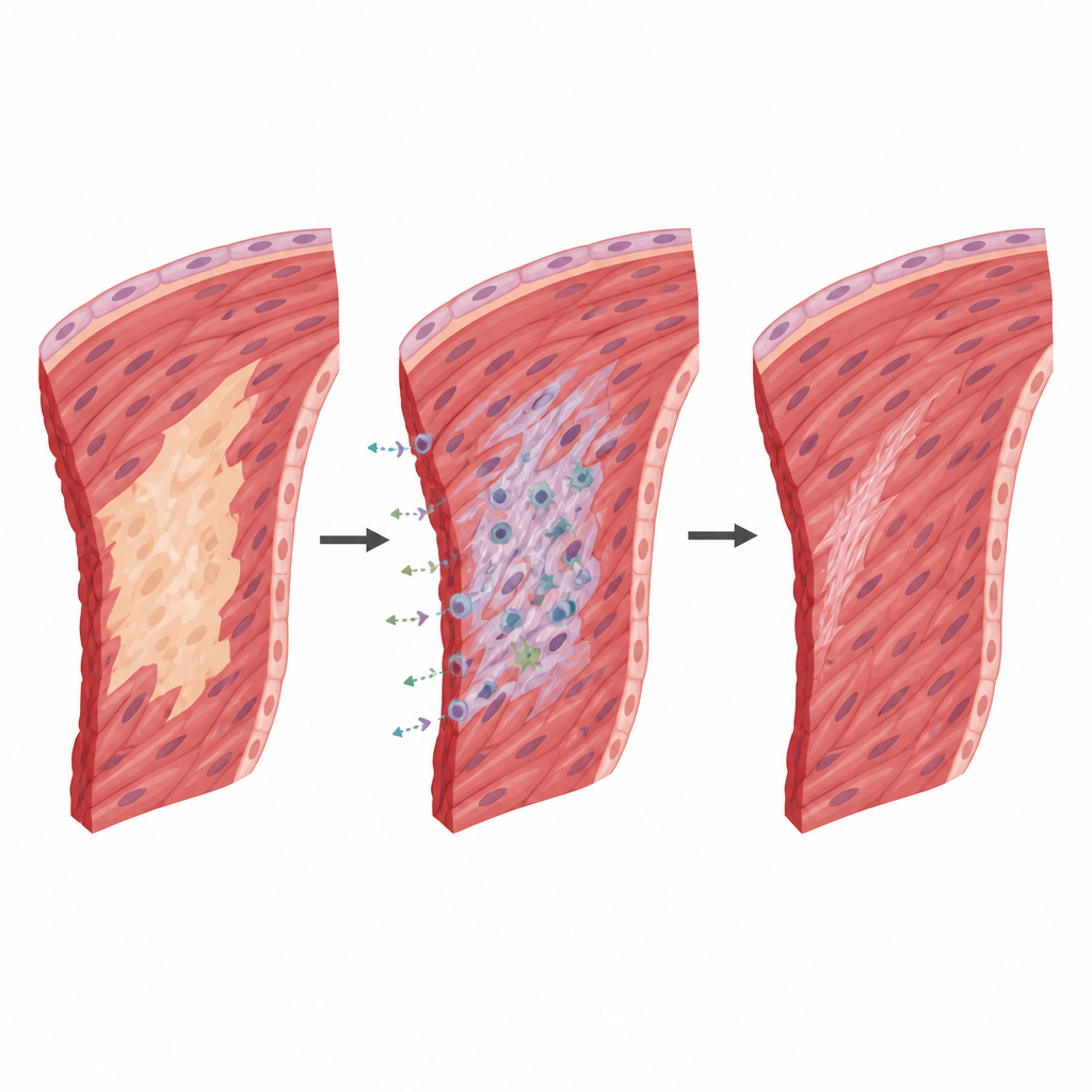 Figure 2. Cura passo a passo de uma parede cardíaca danificada à medida que tecido morto é substituído por novo músculo