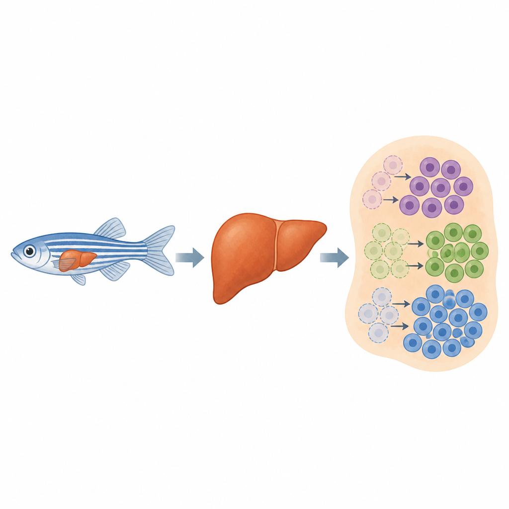 Figure 1. Comment des cellules hépatiques marquées chez le poisson zèbre sont éliminées puis remplacées pour révéler les stratégies naturelles de réparation d’un organe