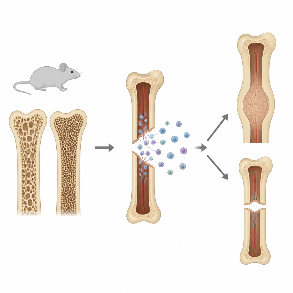 Figure 1. Come i segnali di stress nelle cellule immunitarie influenzano se le ossa rotte guariscano bene o restino fragili.