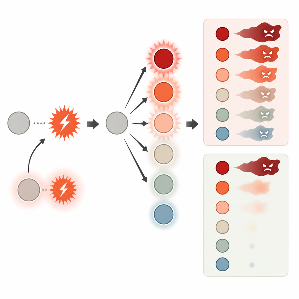 Figure 2. Step-by-step view of how fear spreads from one cue to similar ones and fades more slowly in at-risk individuals
