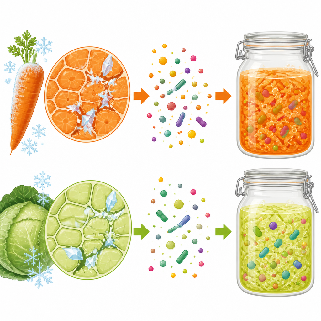 Figure 2. Hoe vorst celwanden van groenten doet barsten en vriendelijke microben helpt meer vitamines te produceren tijdens de fermentatie van wortels en kool