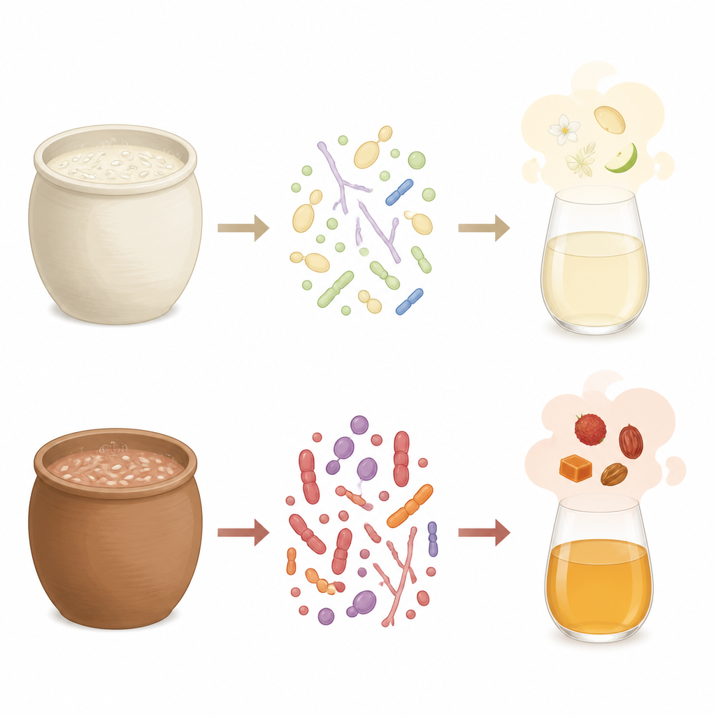 Figure 1. Wie organische Säurewerte die Mikroben in Reisweinbottichen führen und so Stärke und Aroma des Endprodukts prägen.