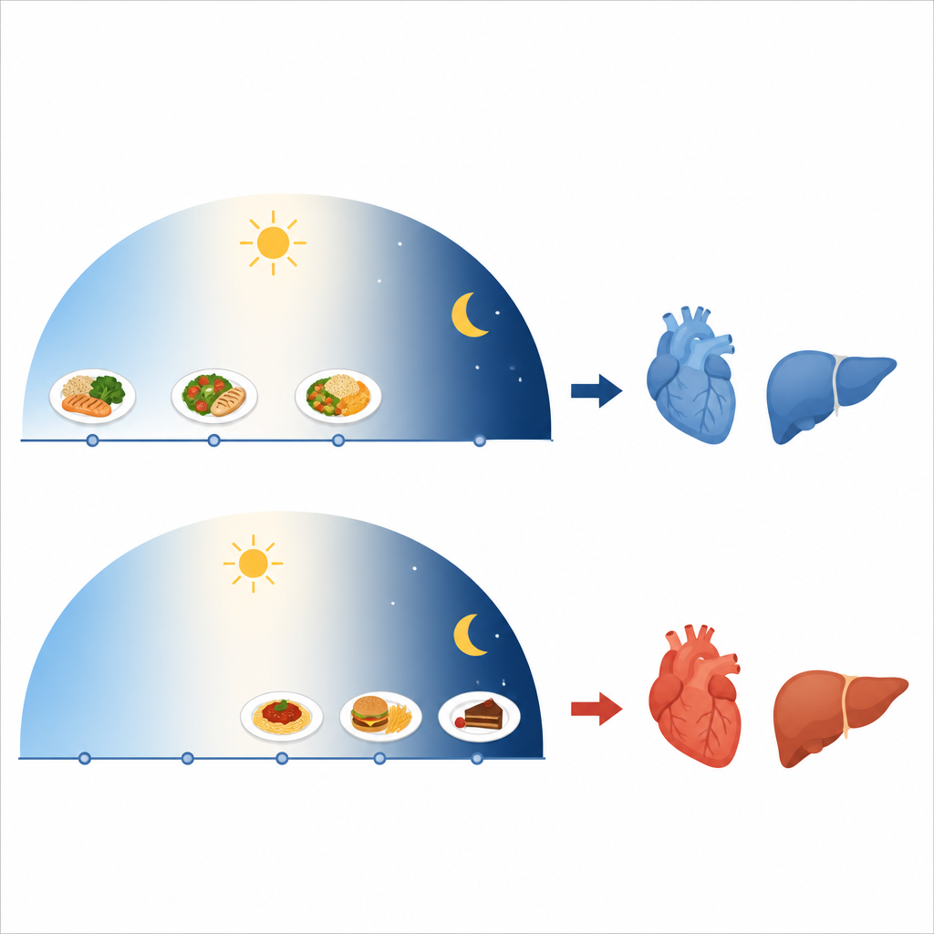 Figure 2. Vroegere maaltijden en kortere eetvensters hangen samen met langzamer verouderen van hart en lever.
