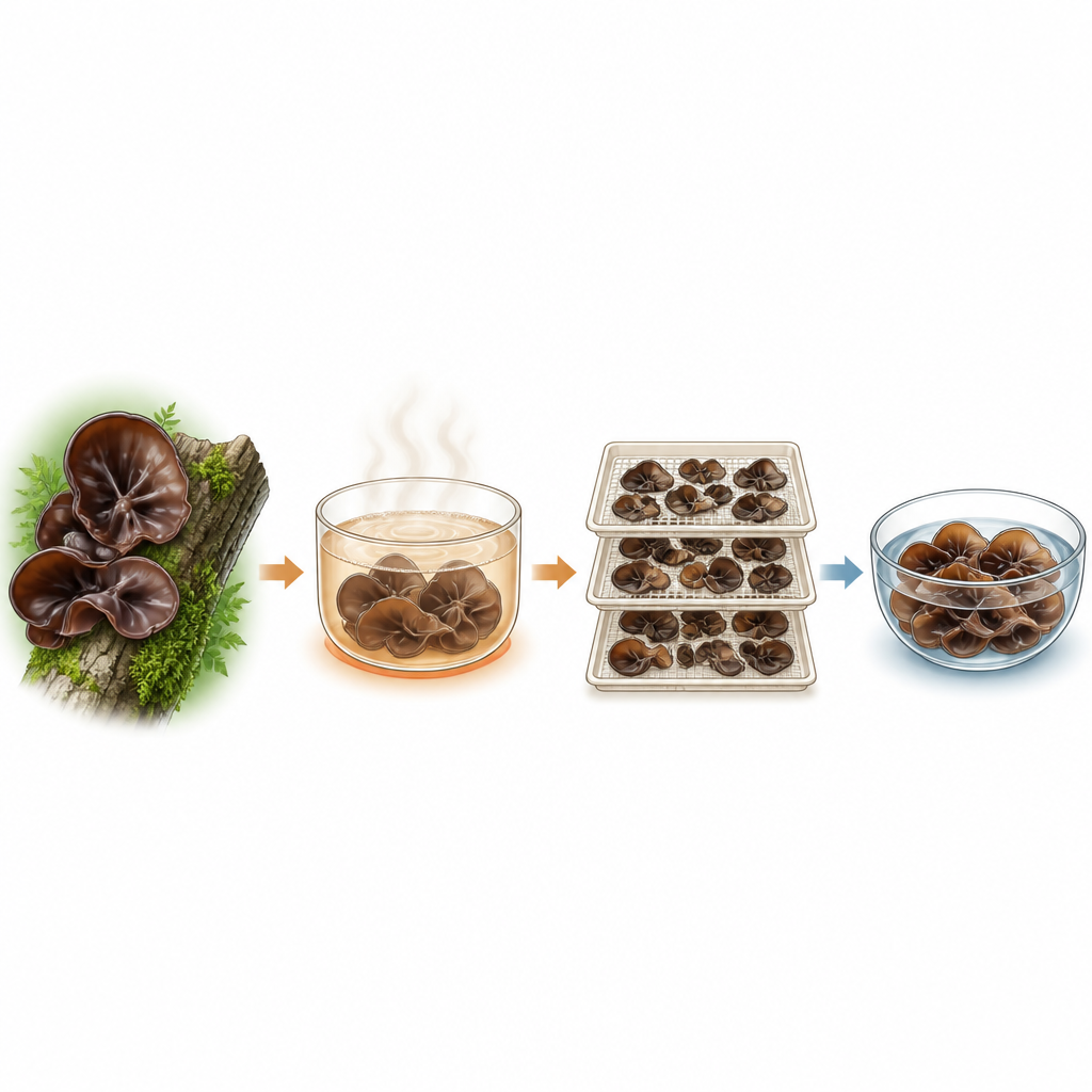 Figure 1. Taze gümüş kulak mantarından kurutmadan önce kısa bir ılık su adımı ile parlak, çabuk ıslanan kuru parçalara dönüşüm.