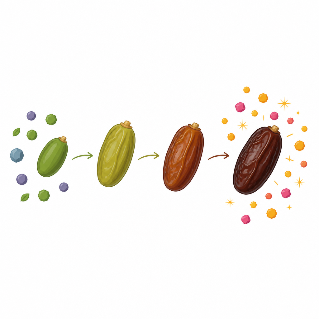 Figure 1. Wie aus einer grünen, sauren Dattel eine süße, weiche Frucht wird, mit unterschiedlichen Nährstoffen in jedem Reifestadium.