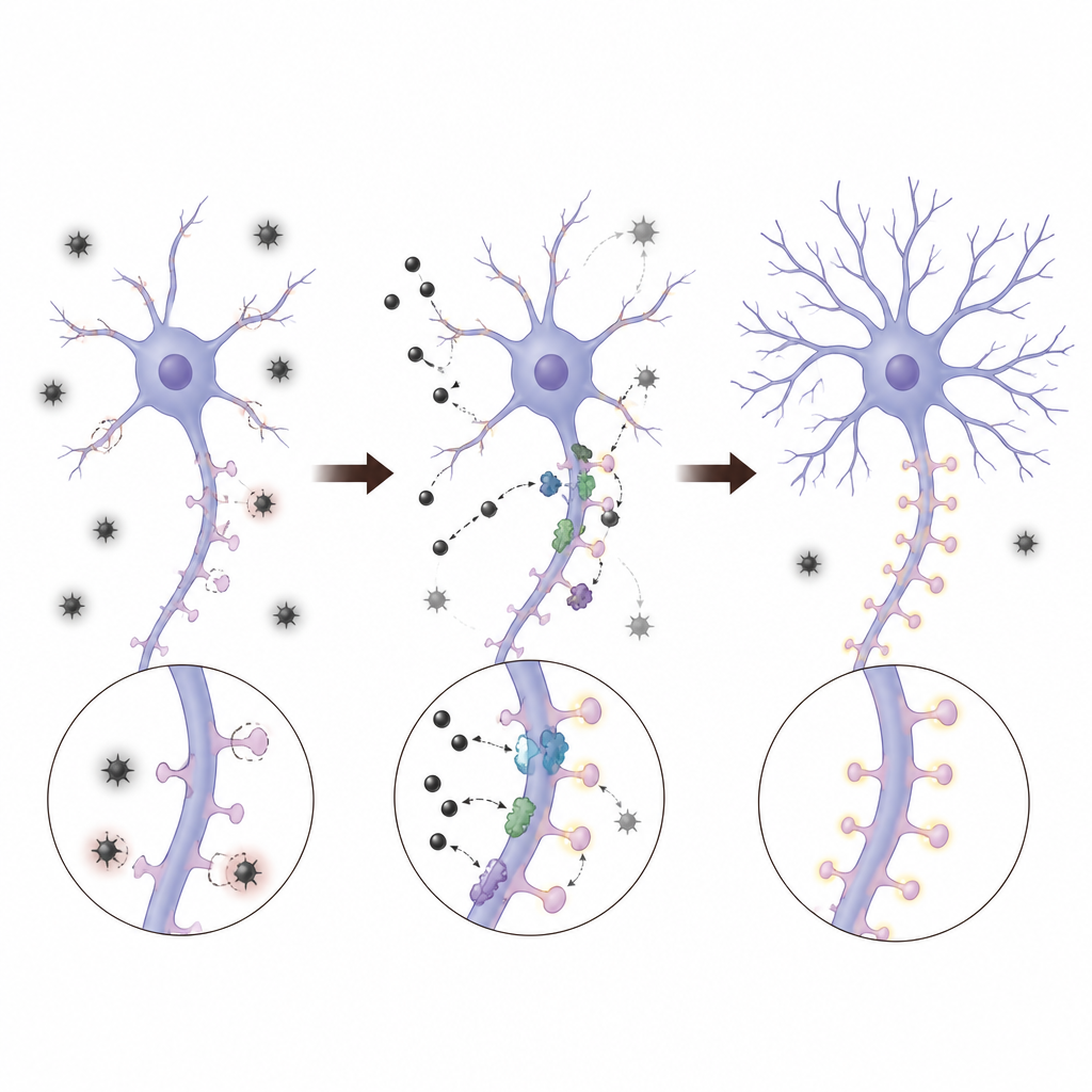 Figure 2. I composti del ginseng nero inibiscono enzimi correlati allo stress nei neuroni, riducendo particelle dannose e sostenendo rami neuronali più robusti.