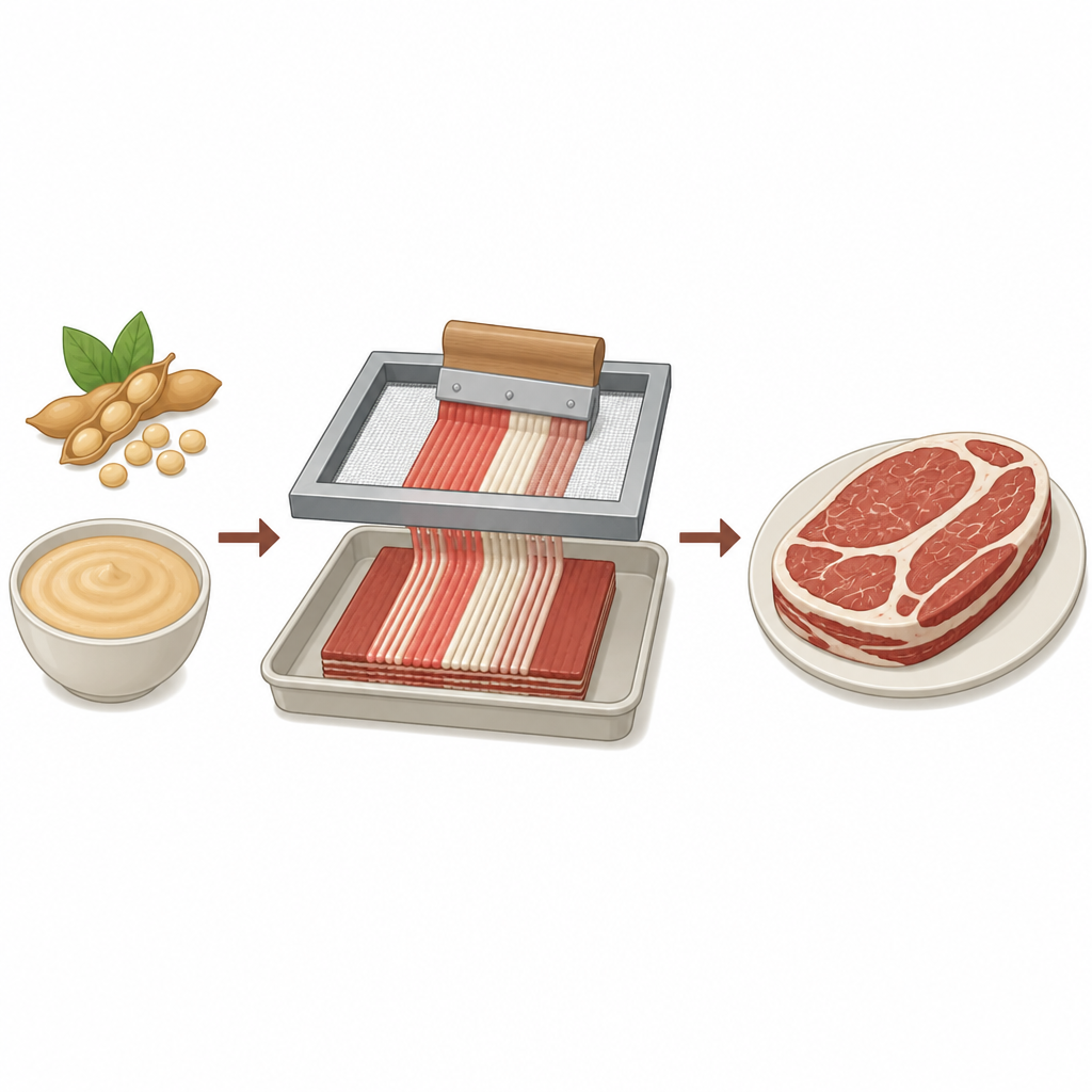 Figure 1. Het omzetten van dikke plantaardige eiwitpasta’s in gelaagde, gemarmerde biefstukachtige stukken met een zeefdrukachtige proces.