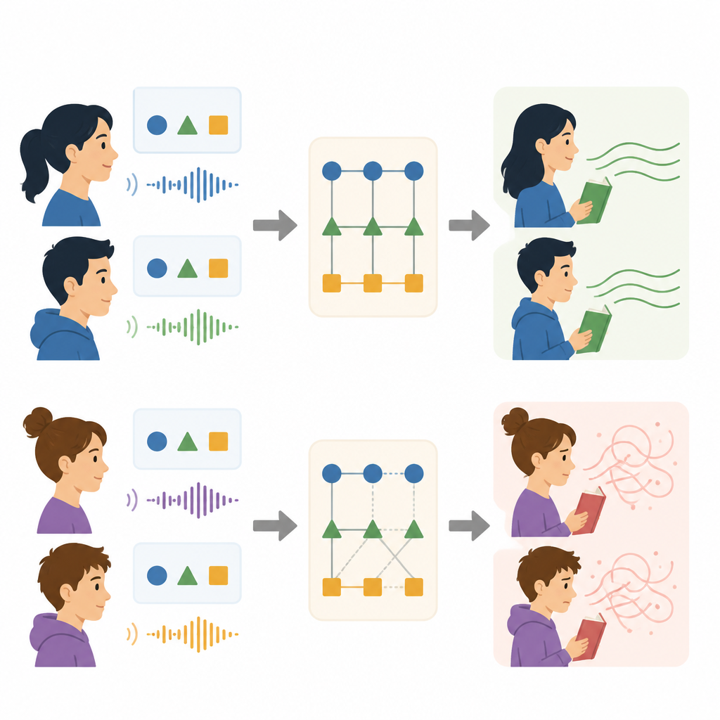 Figure 1. Как люди с дислексией и без нее учат новые связи между незнакомыми символами и простыми речевыми звуками.