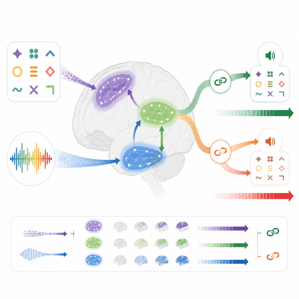 Figure 2. Как во время обучения меняются участки мозга, связывающие зрительную и слуховую информацию, и как эти изменения влияют на то, насколько легко читаются новые символы.
