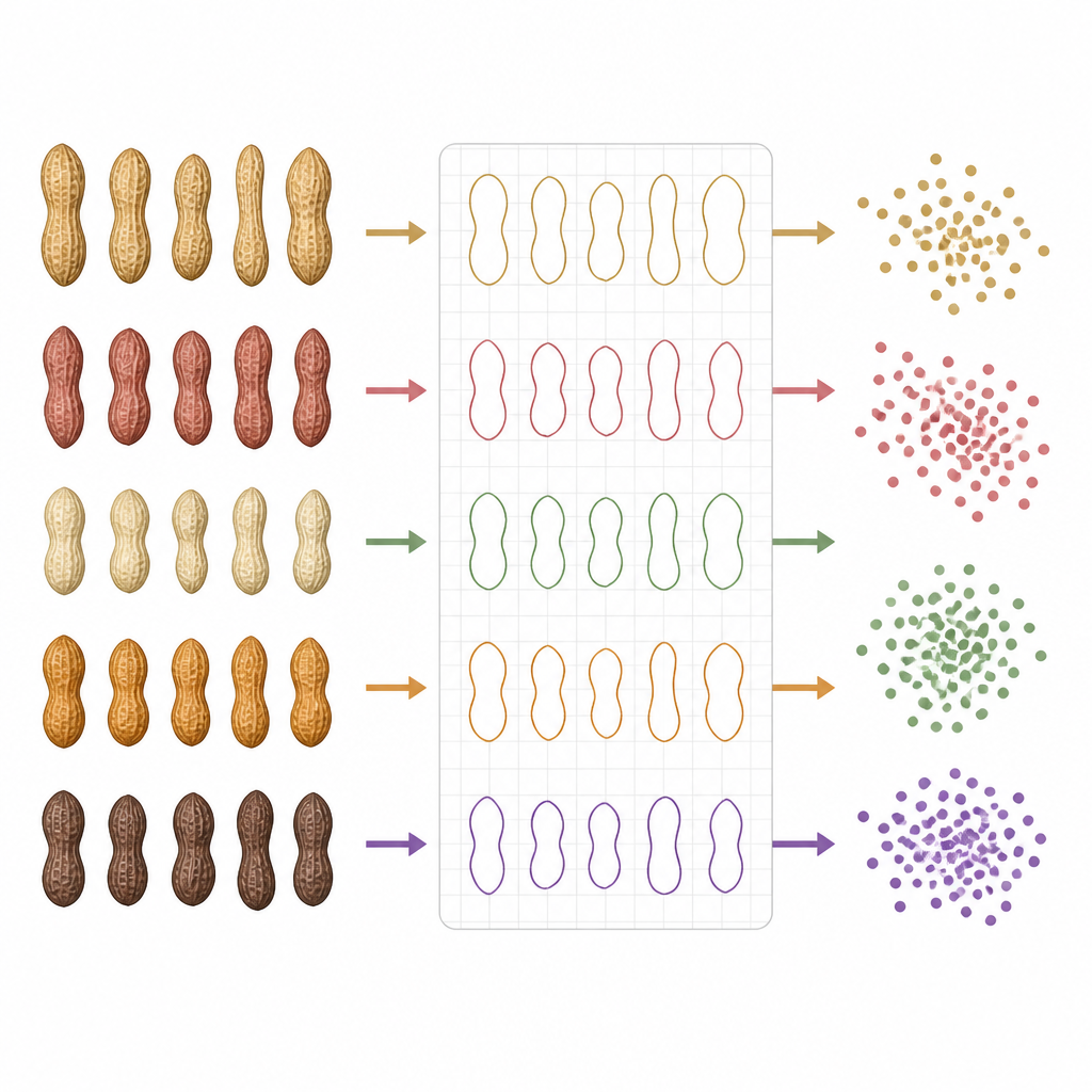 Figure 2. כיצד צורות פודי הבוטן זורמות דרך ניתוח תמונה ליצירת אשכולות מובחנים שמאותתים על אזורי הגידול שלהם.