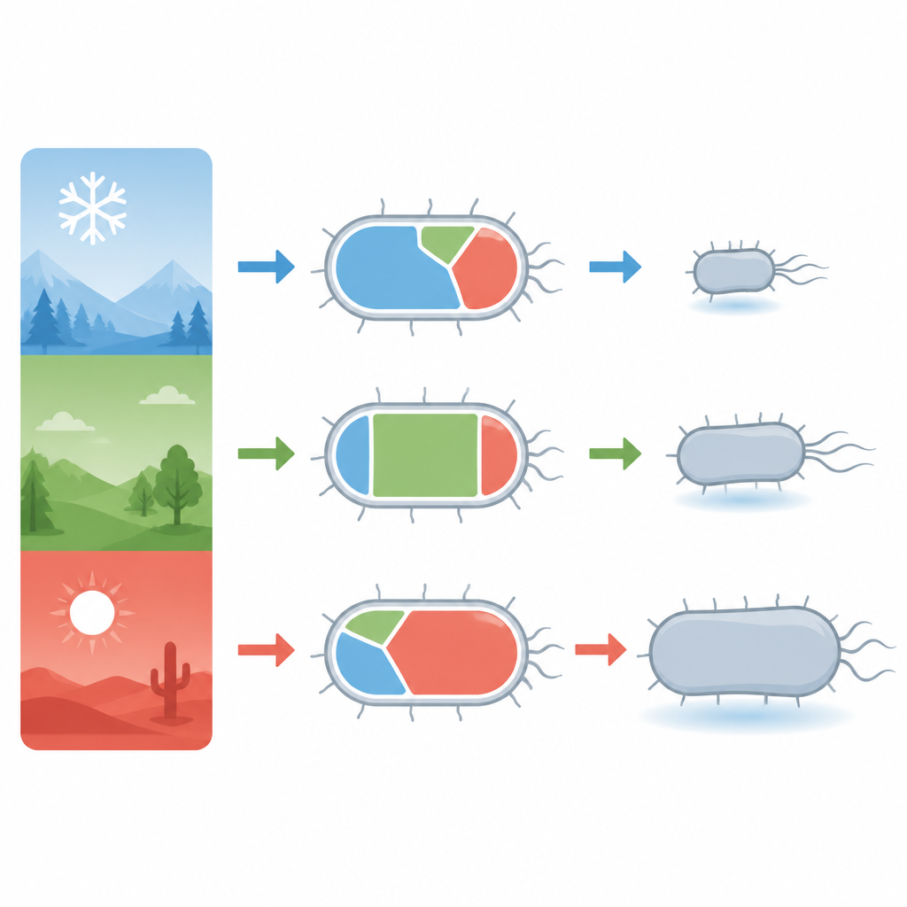 Figure 1. Wie ein Bakterium seine begrenzten Proteine umverteilt, wenn die Temperatur von kalt zu heiß wechselt, und dadurch Wachstum und Zellgröße verändert.