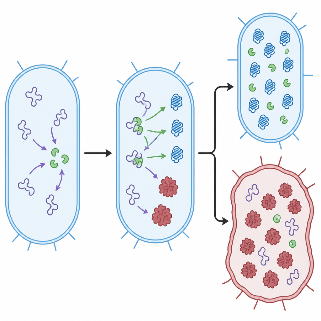 Figure 2. Innerhalb einer einzelnen Zelle lenken Helferproteine neue Proteine zu korrekter Faltung oder zur Aggregation und steuern so das Wachstum bei verschiedenen Temperaturen.