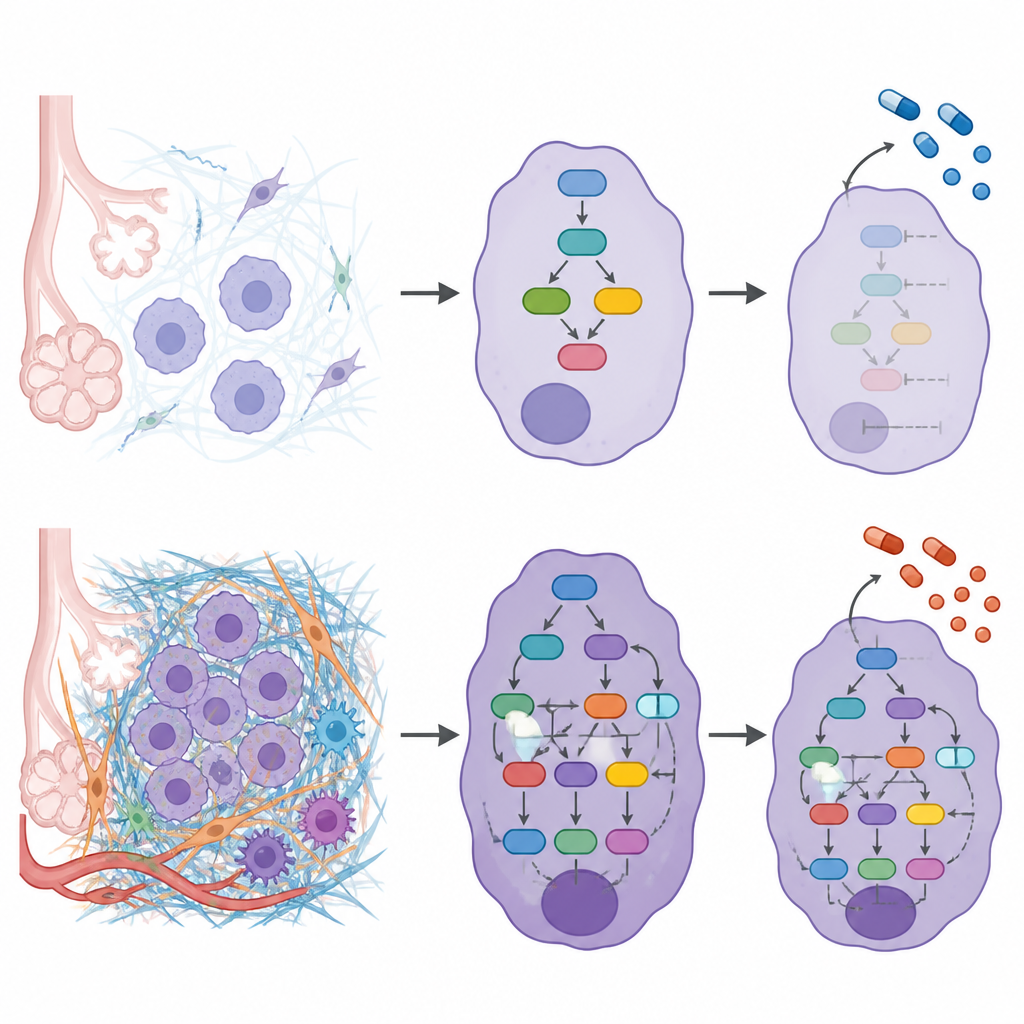 Figure 2. Different tumor scaffolds rewire cell signaling and change how cancer cells respond to specific treatments.