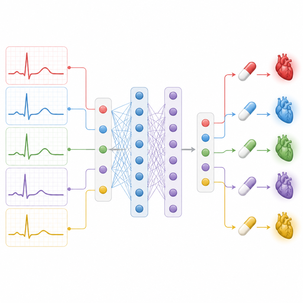 Figure 2. La IA compara cambios sutiles en las ondas del ECG para diferenciar las respuestas a distintos fármacos cardíacos sin etiquetas humanas.