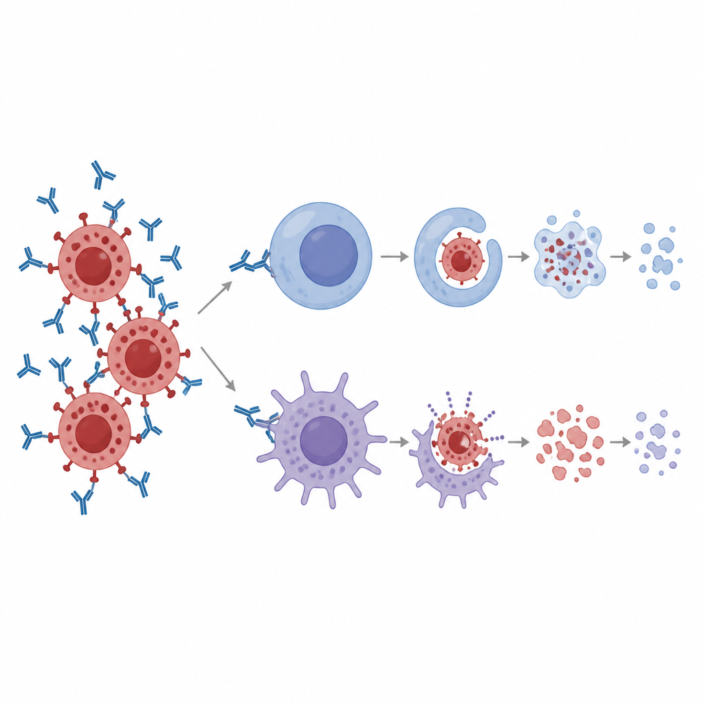 Figure 2. Visión paso a paso de cómo los anticuerpos guían a las células inmunitarias para localizar y eliminar células infectadas por el virus.